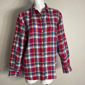 Lauren Ralph Lauren Shirt Women Sz Large 100% Linen Red Plaid Button Up Roll Tab